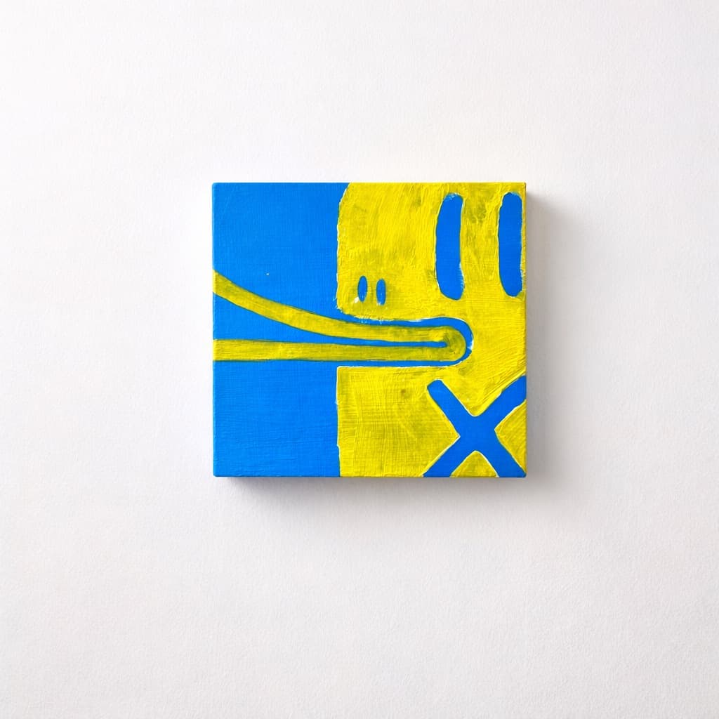Entenbüste Gelb-Blau – Acryl auf Holz, 10×10 cm – Entenjagd im Atrium Gesundheitszentrum Holzkirchen