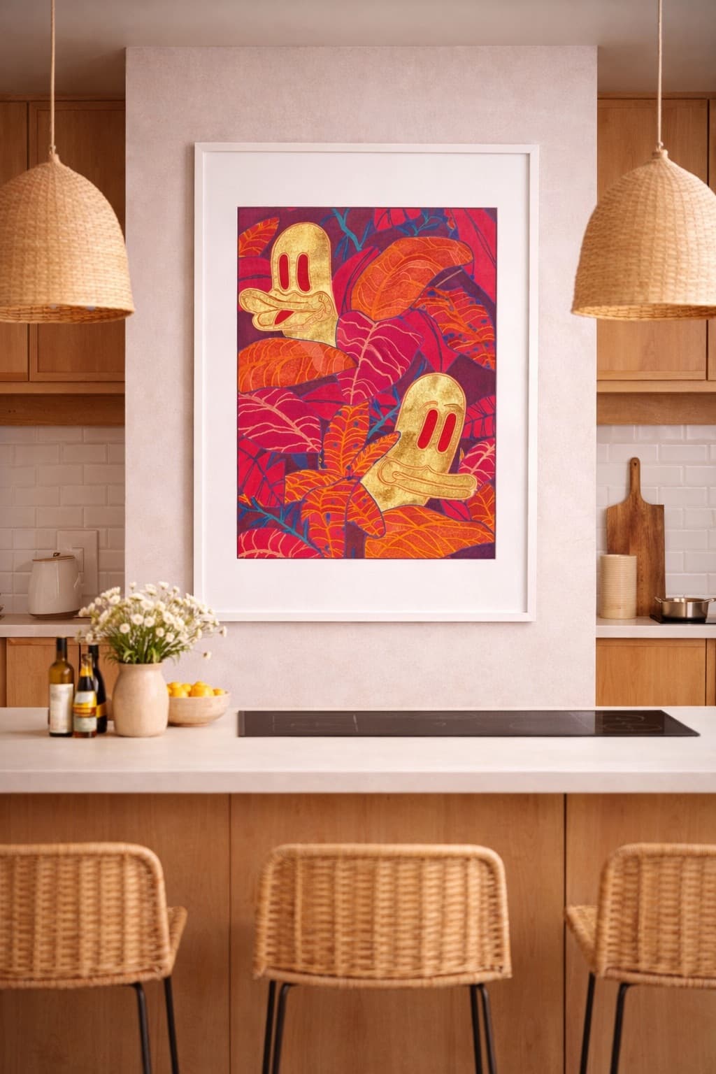 Acryl mit Blattgold auf Papier – Entenbüsten im Dschungel von GHWB Studio – Kunst im Schaufenster Holzkirchen