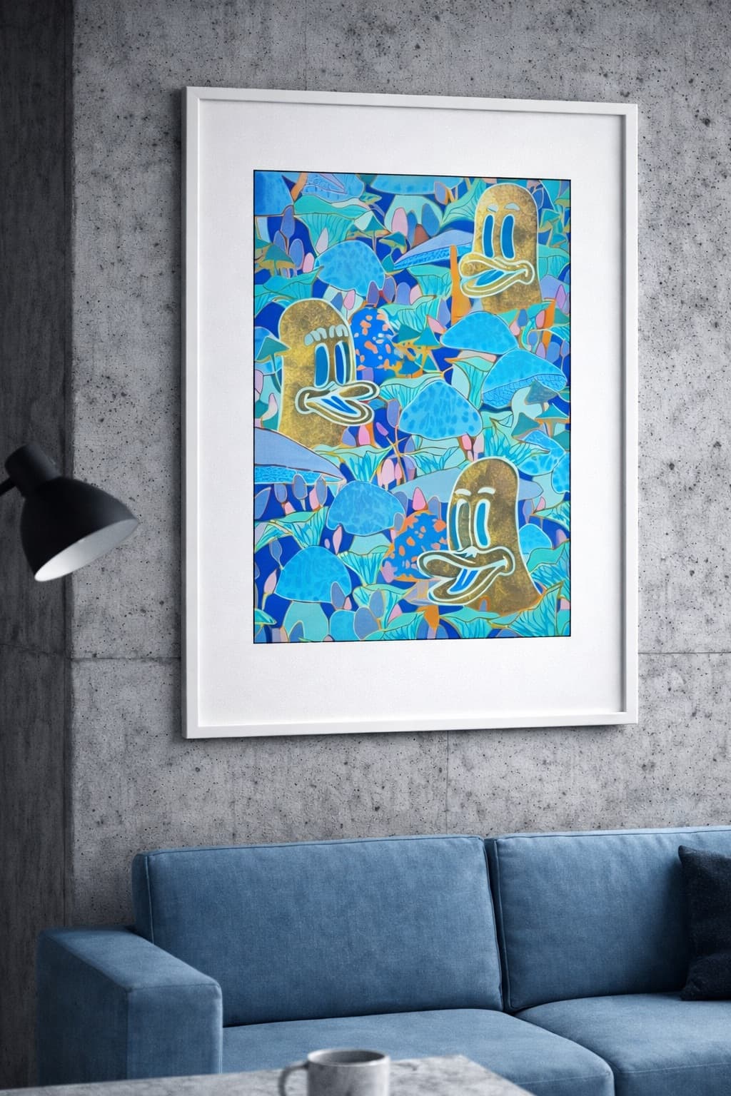 Acryl mit Blattgold auf Papier – Entenbüsten im Pilzwald von GHWB Studio – Kunst im Schaufenster Holzkirchen